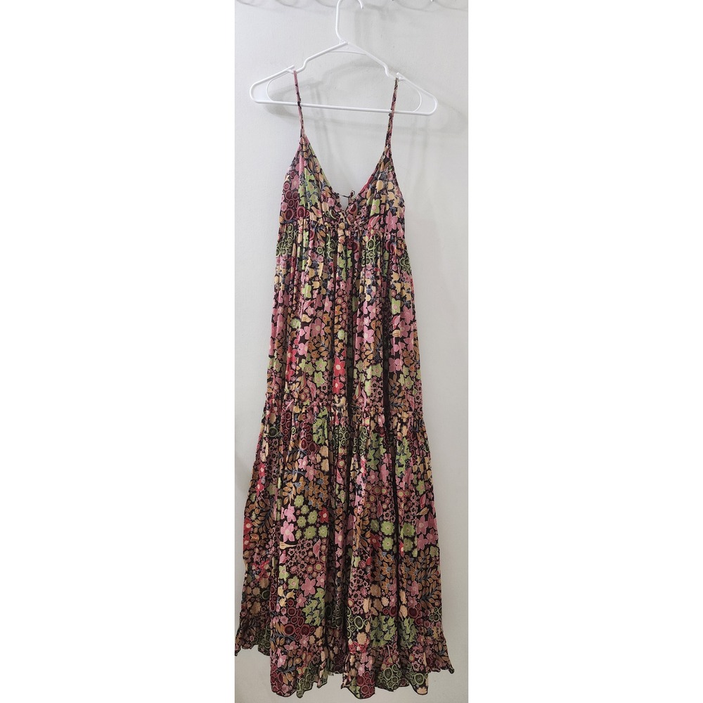 Lani Floral Tiered‎ Maxi Dress Small Cotton Boho Multi Color Sleeveless V-Neck